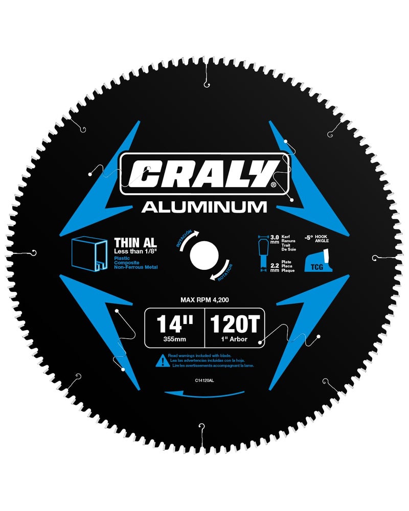 CRALY 14 Inch 120 Teeth Aluminum and Non-Ferrous Metal Cutting Circular Saw Blade, 1 Inch Arbor, Carbide Tipped, Thin Kerf, Black Ice Coating, for Medium Aluminum, Plastic, Composite(C14120AL) - Image 1
